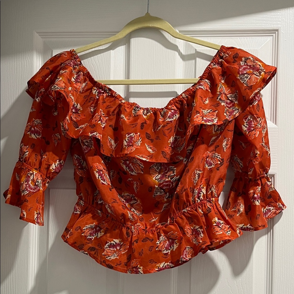 J.O.A. Red Floral Ruffle Blouse